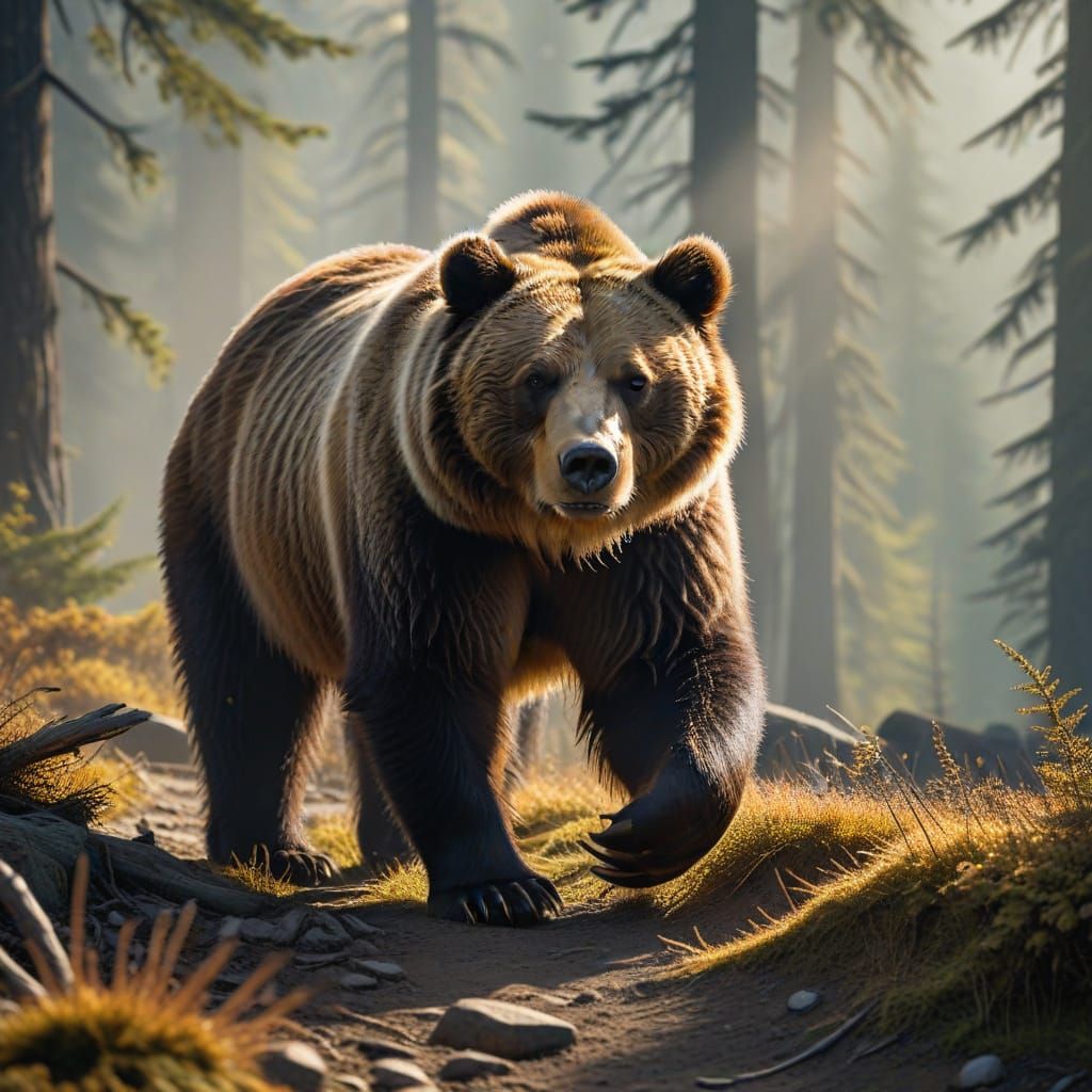 Majestic Grizzly Bear in Misty Forest