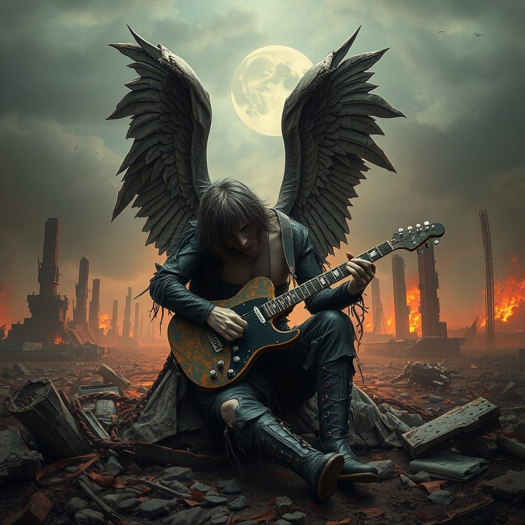 Fallen Angel Guitarist in Post-Apocalyptic Landscape