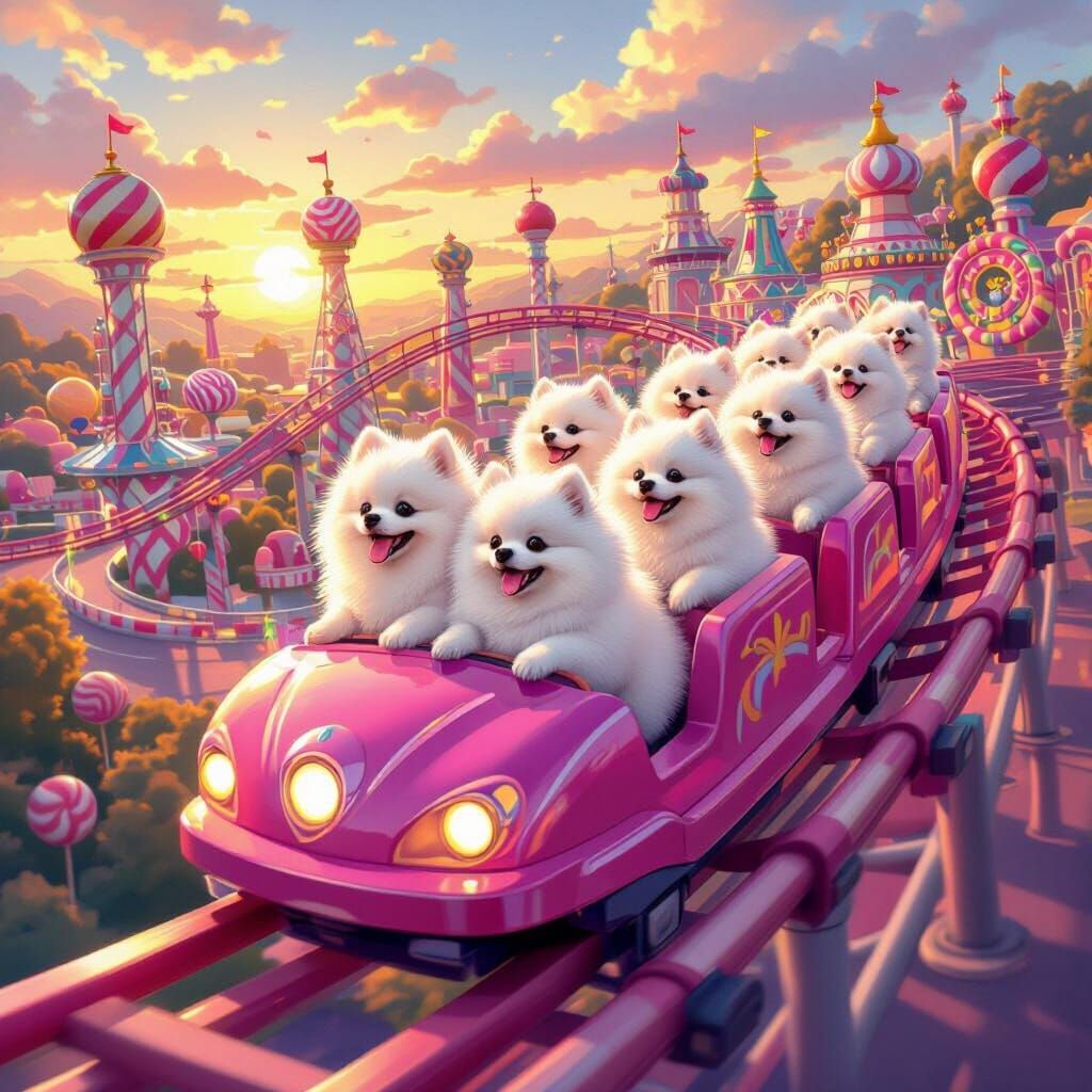 Pomeranians Enjoying Candy Land Roller Coaster Ride
