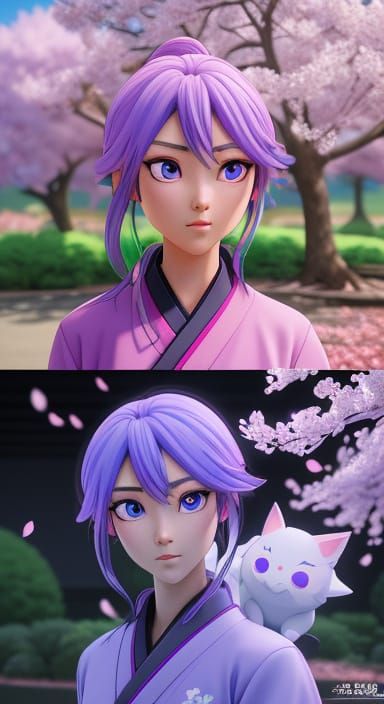 Anime Style Man with Glowing Eyes under Cherry Tree