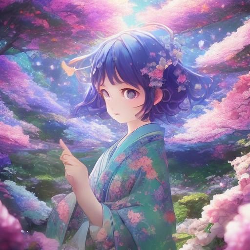 Kawaii Anime Hatsune Miku in Cherry Blossom Forest