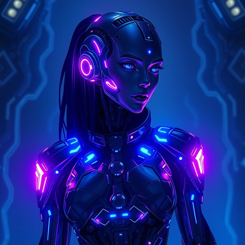 Bioluminescent Biomechanical Humanoid in Futuristic Exosuit