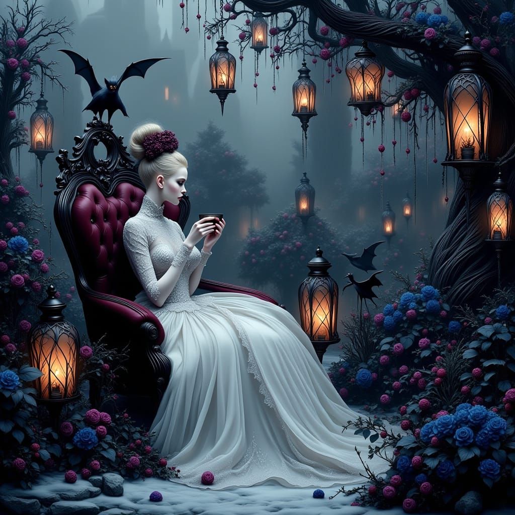 Gothic Lady in Winter Garden with Black Orchids