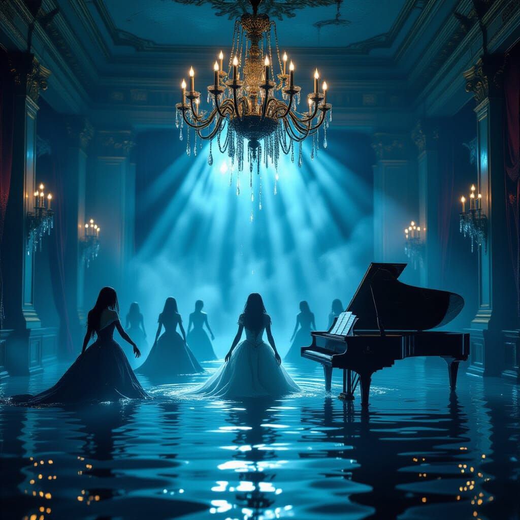 Zombies Rise in Flooded Ballroom: Gothic Cinematic Realism