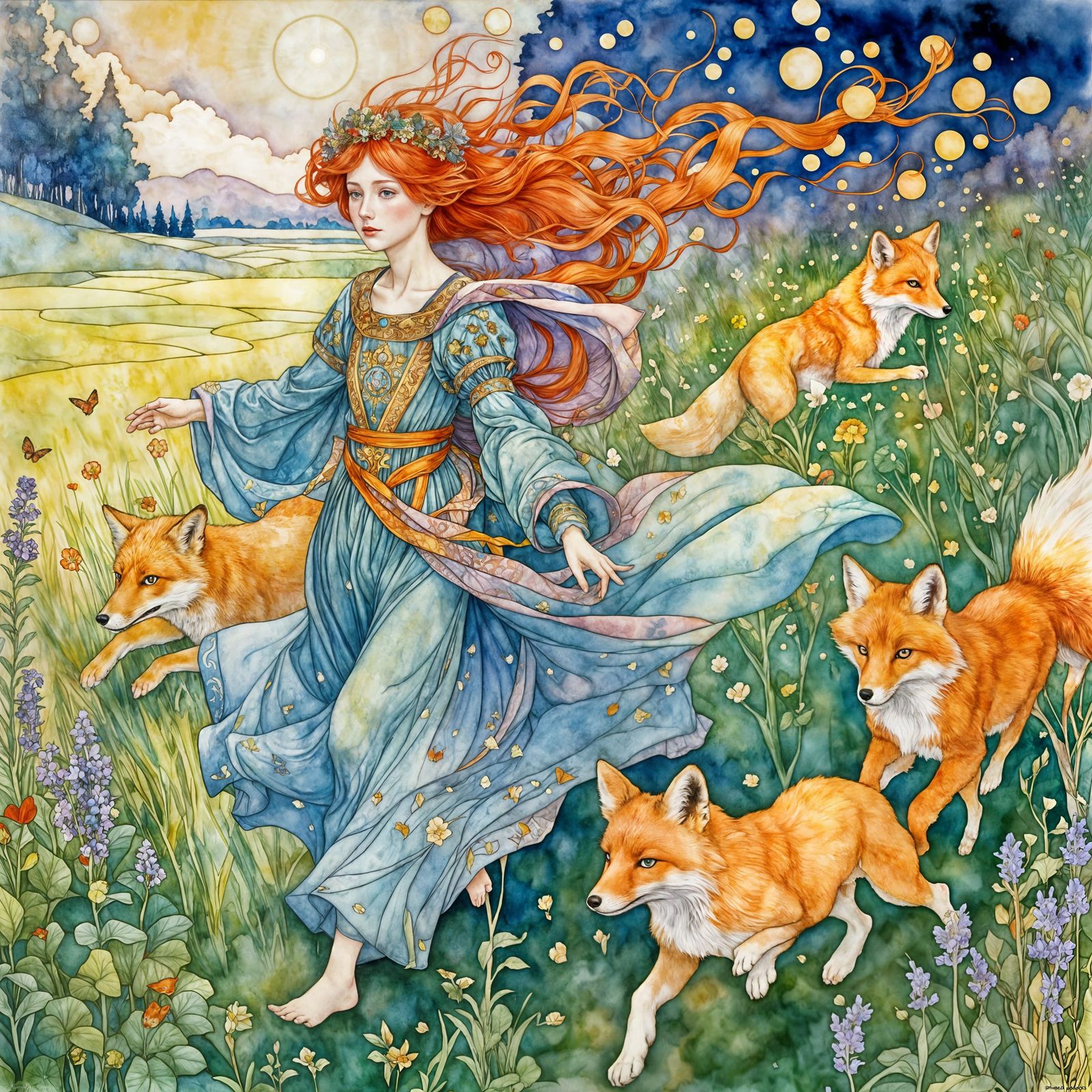 Redhead Princess in a Magical Meadow, Watercolor Illustratio...