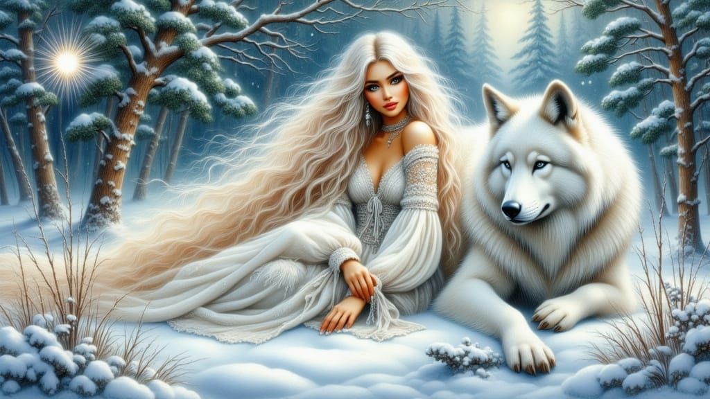 Winter Forest Nymph with Majestic Dire Wolf in Fantasy Art S...
