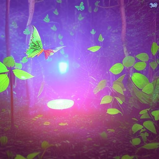 Magical Plant with Butterfly Leaves in Dark Forest