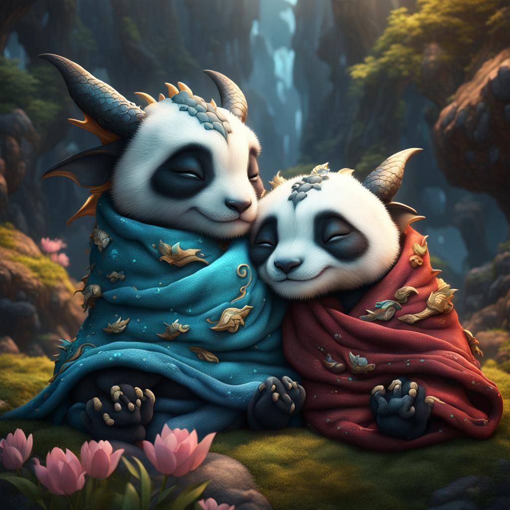 Sleeping Newborn Panda Dragons: Fantasy Concept Art