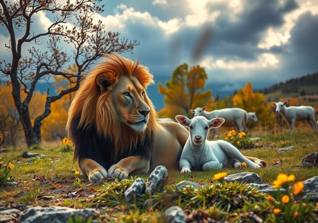 Lion and Lamb in Autumn Valley Photograph