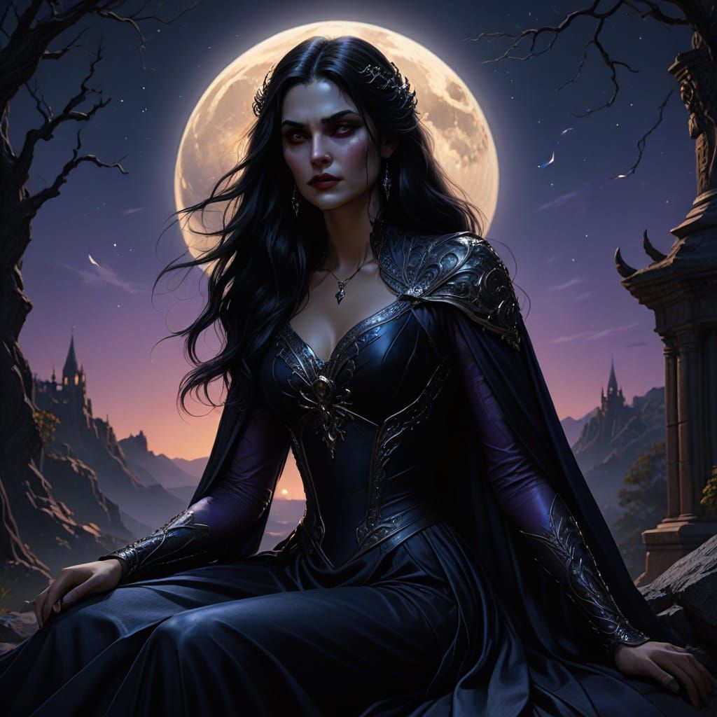 Ethereal Vampire Woman Under Moonlight