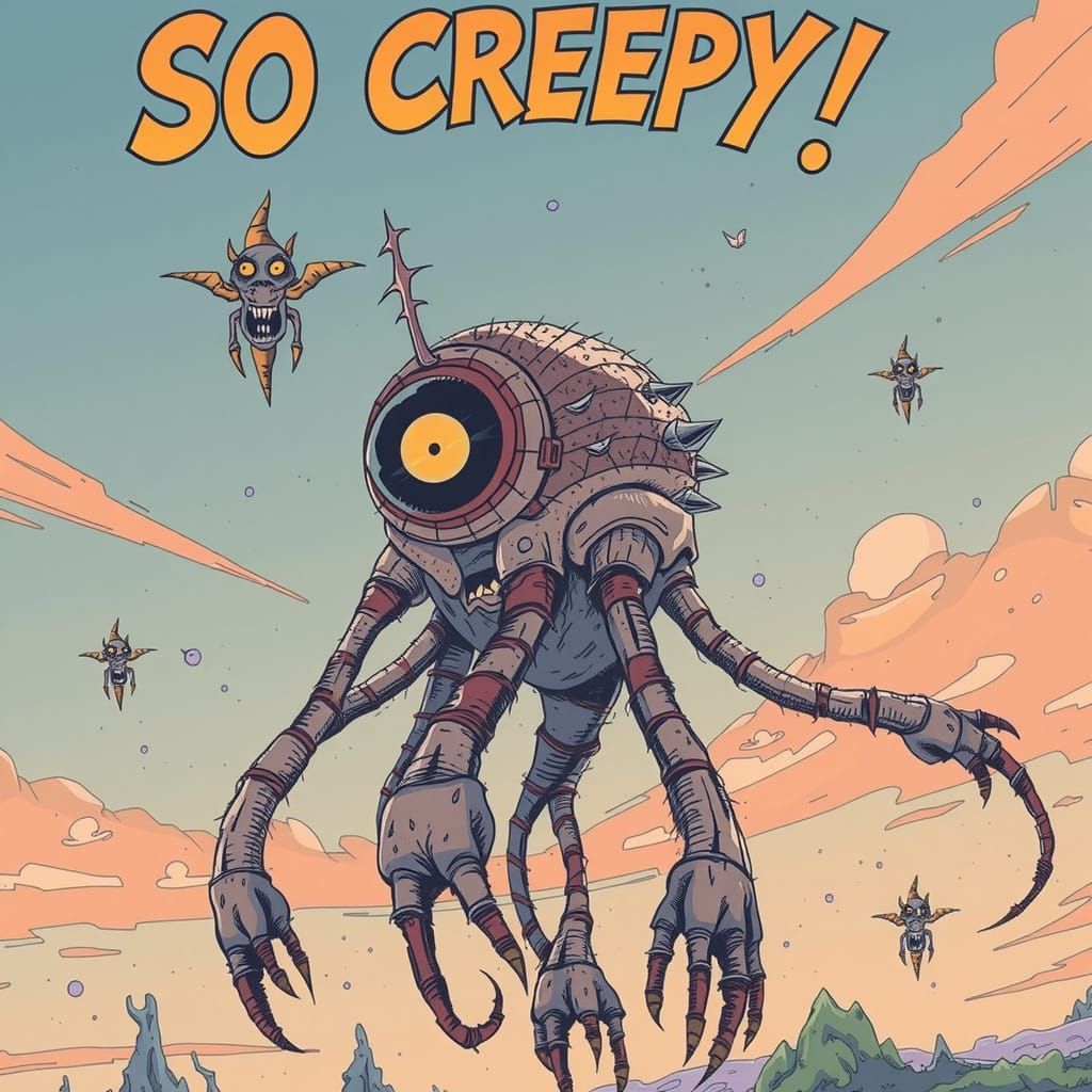 Goofy cartoon eyeball monster with text that says SO CREEPY