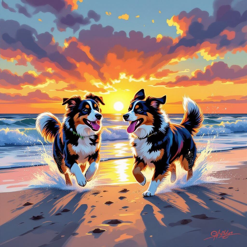 Dogs Frolic on Beach at Sunset in Graffiti Art Style