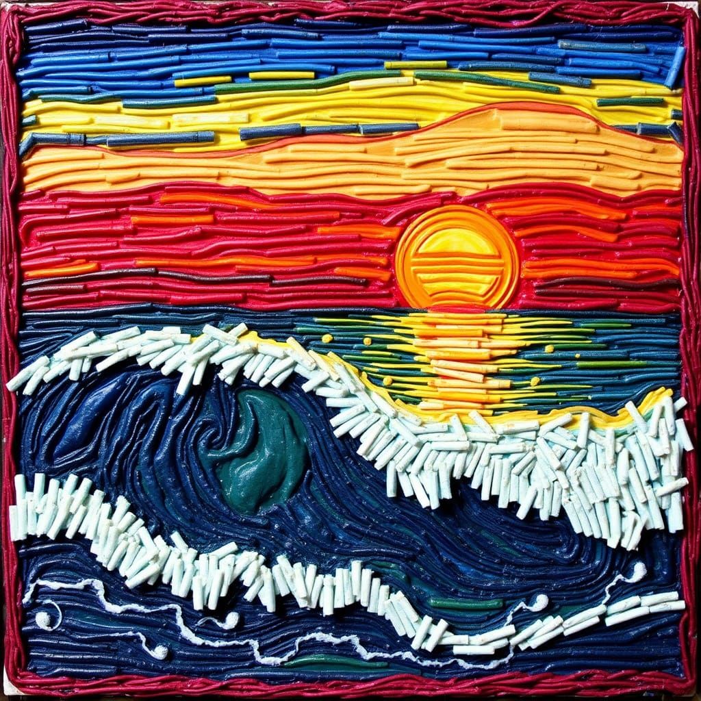 Crayon Sunset Over Ocean Waves