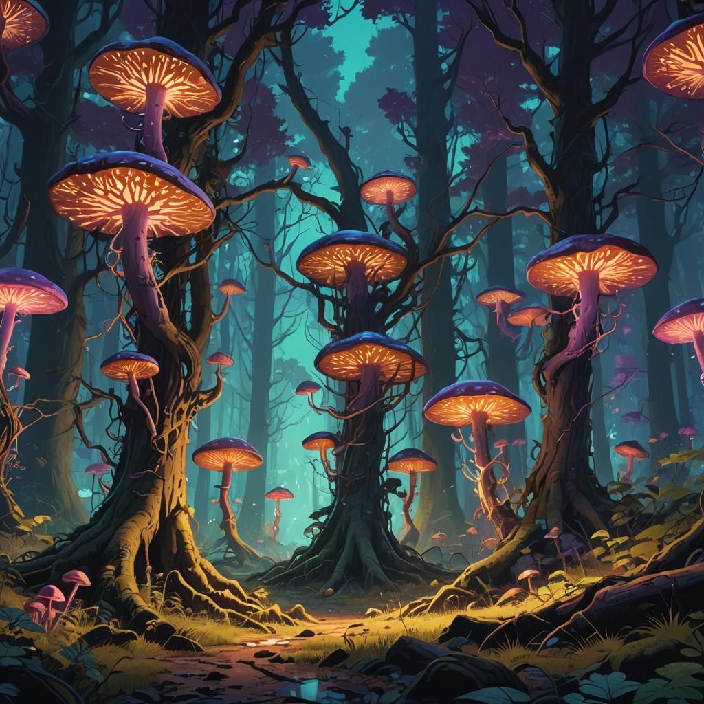 Lush Primeval Forest with Bioluminescent Plants