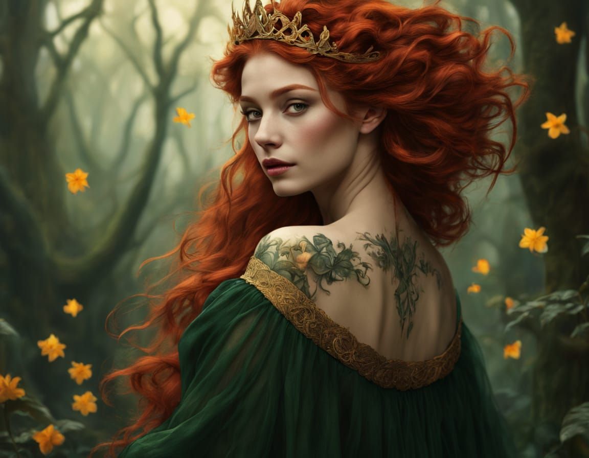 Ethereal Celtic Beauty in Whimsical Forest Scene