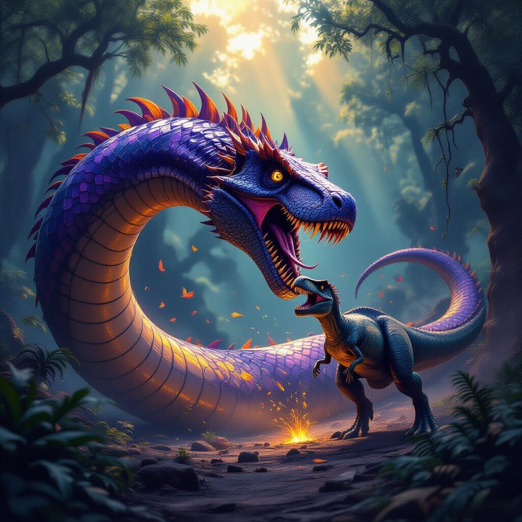 Giant Serpent Eats T-Rex in Dark Fantasy Style