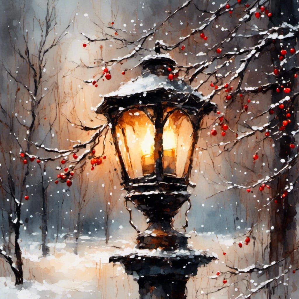 Vintage Lantern in Snowy Park: Impressionist Oil Painting