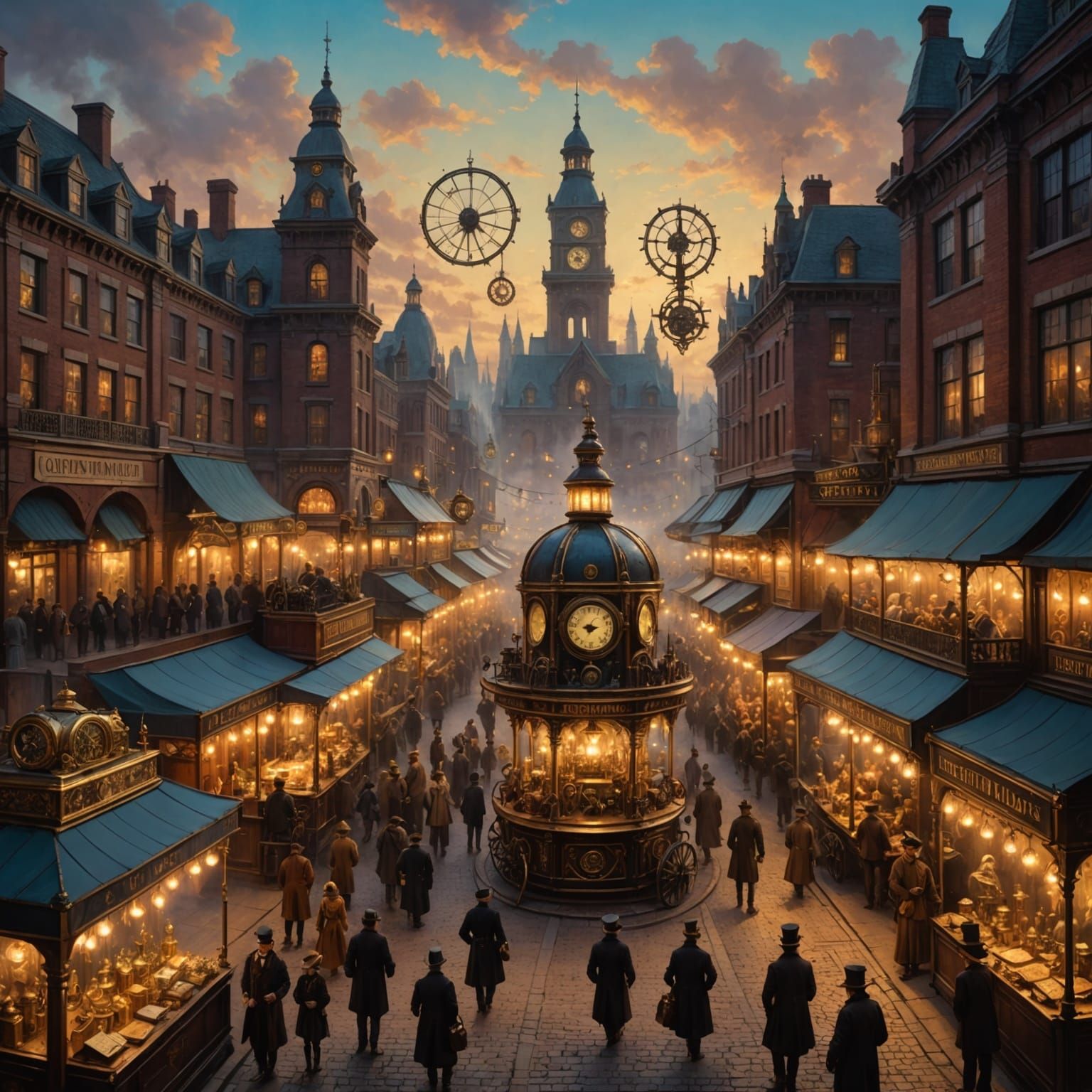Steampunk Market Square at Dusk with Clockwork Crowns
