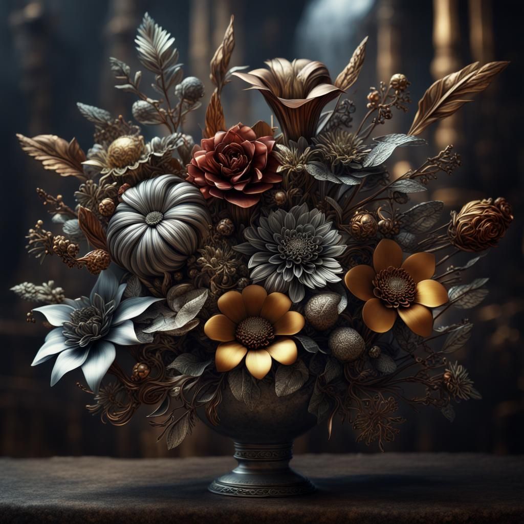 Metal Flower Bouquet: Detailed Matte Painting