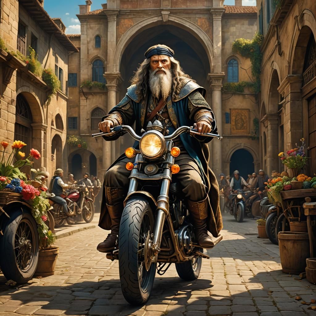 Da Vinci Rides: Renaissance Inventor on Motorcycle