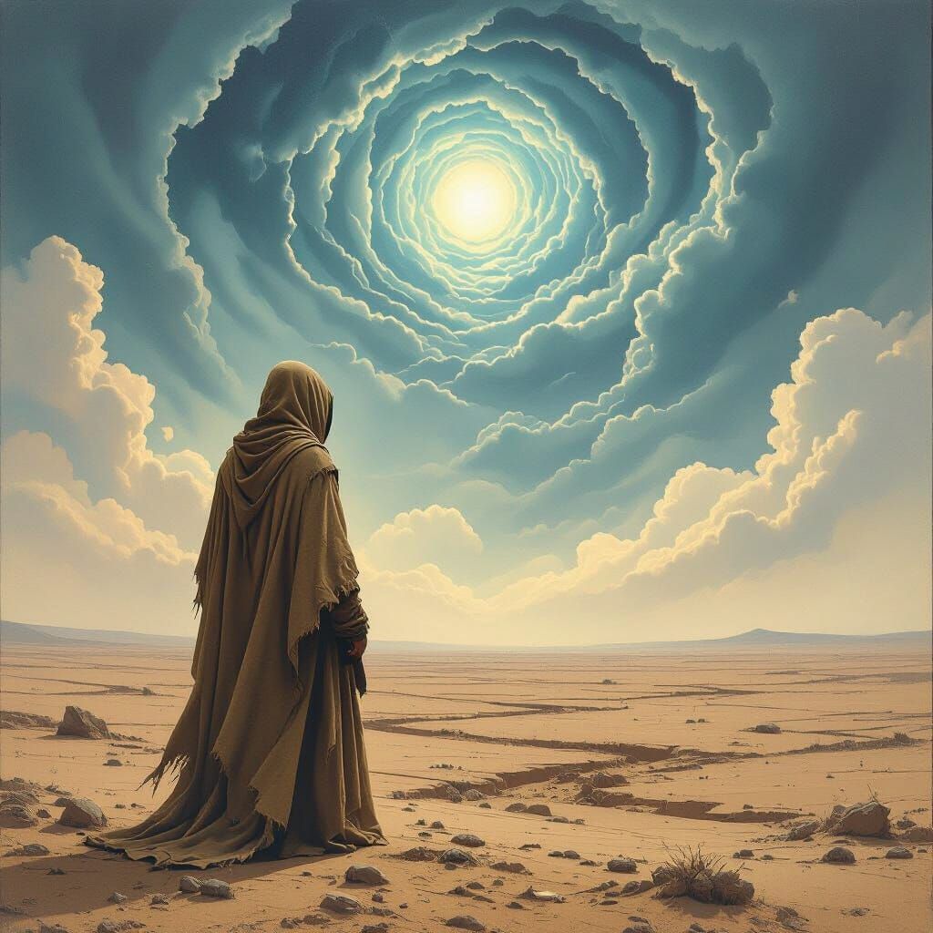 Hooded Figure Gazing at Iridescent Sky in Gothic Style