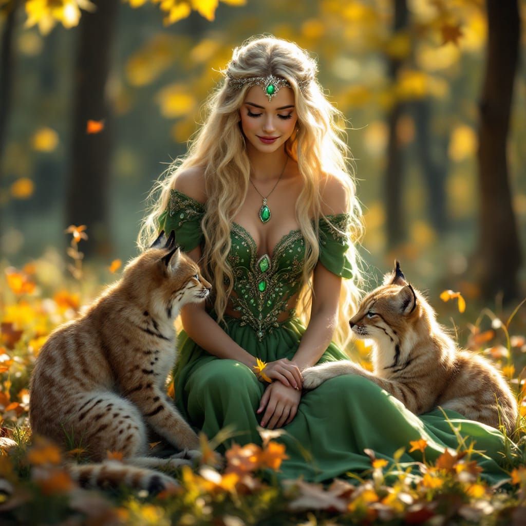 Freyja in Autumnal Forest Clearing, as Oil Painting