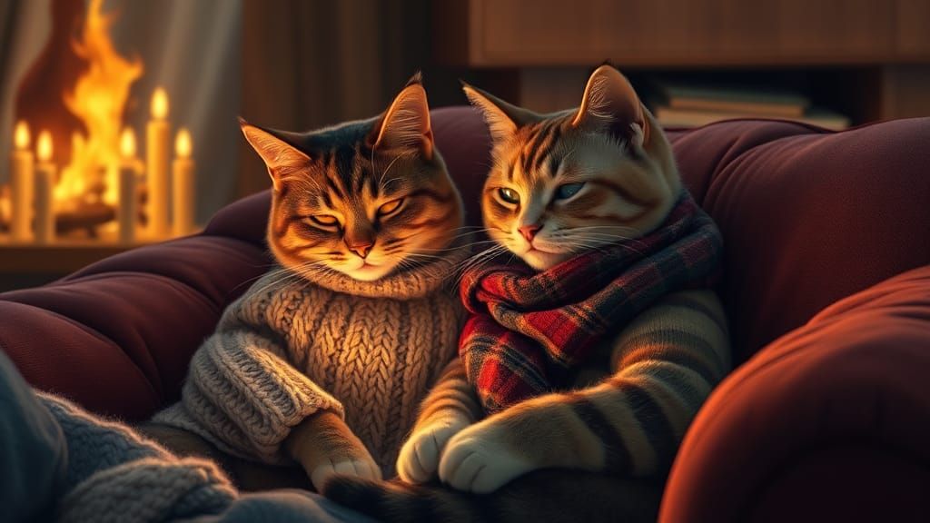 Cozy Cats by Firelight in Whimsical Realism Style