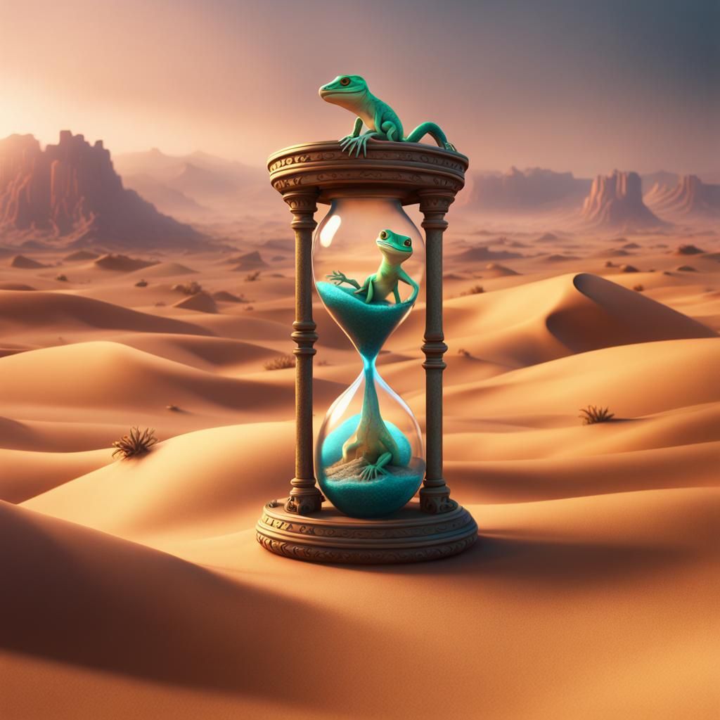 Hour glass with geckos in the desert