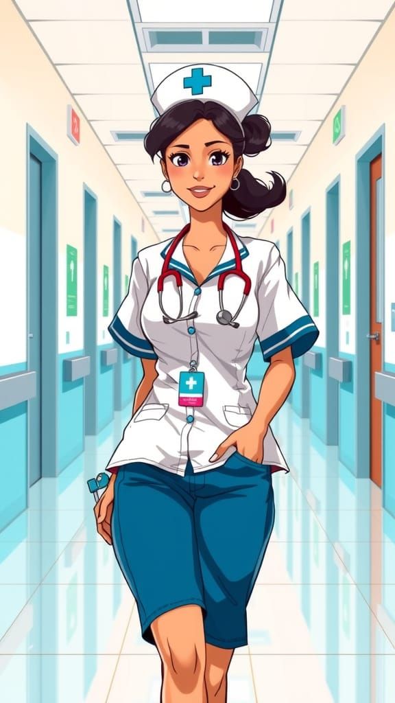 Anime Nurse: Vibrant Dominican Woman Strolls Hospital Corrid...