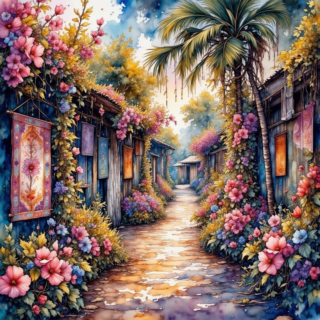 Fijian Silk Market in Watercolor Style