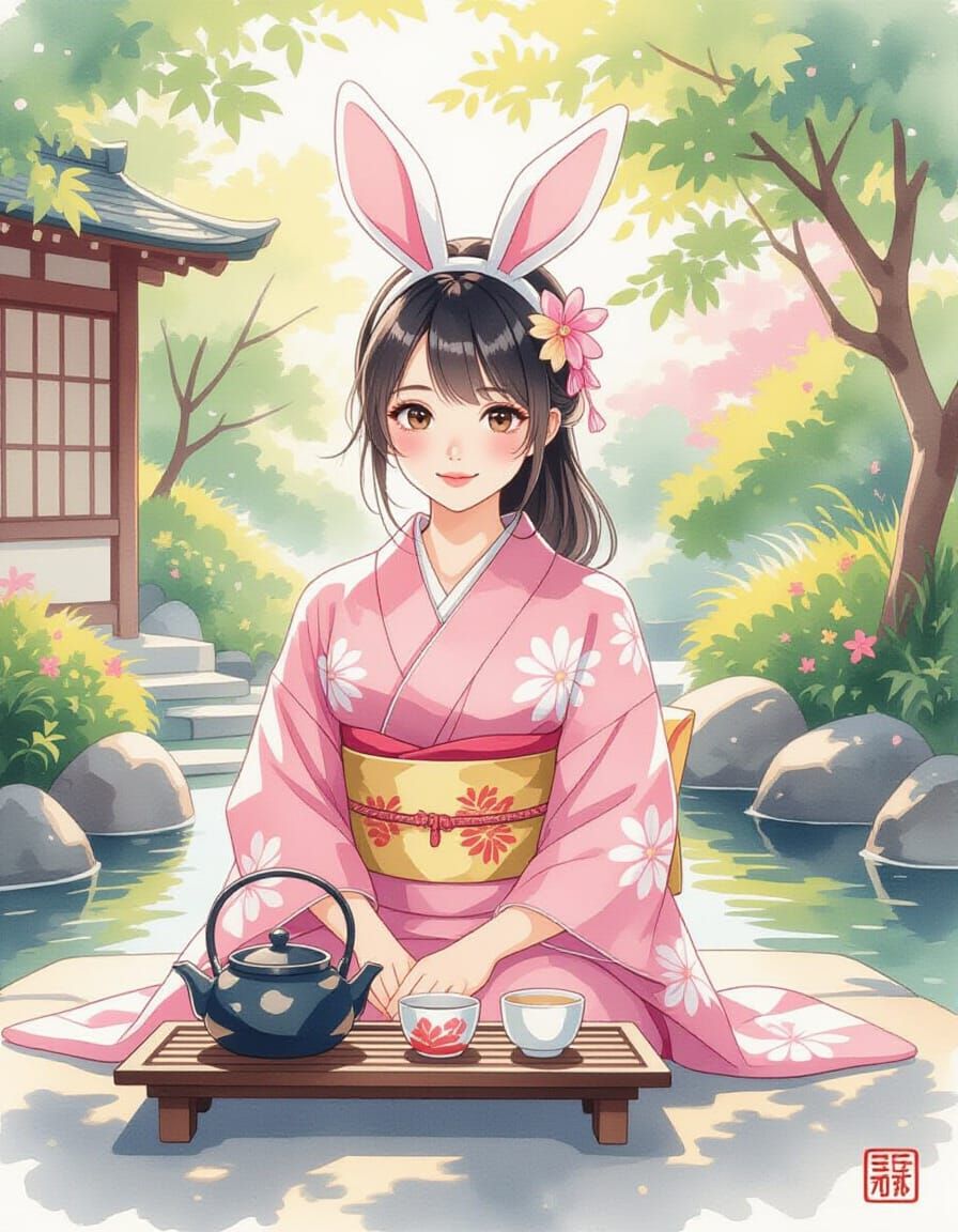 Woman in Japanese Garden with Rabbit Ears in Watercolor