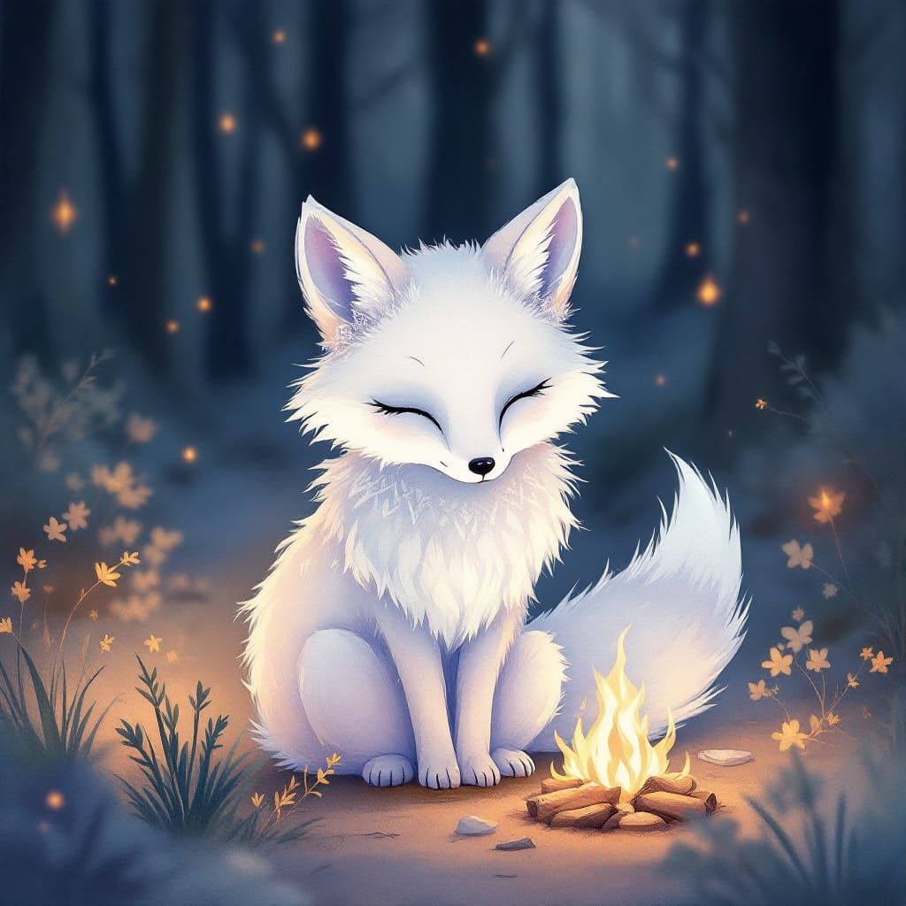 Ethereal Fox in Forest Campfire Glow