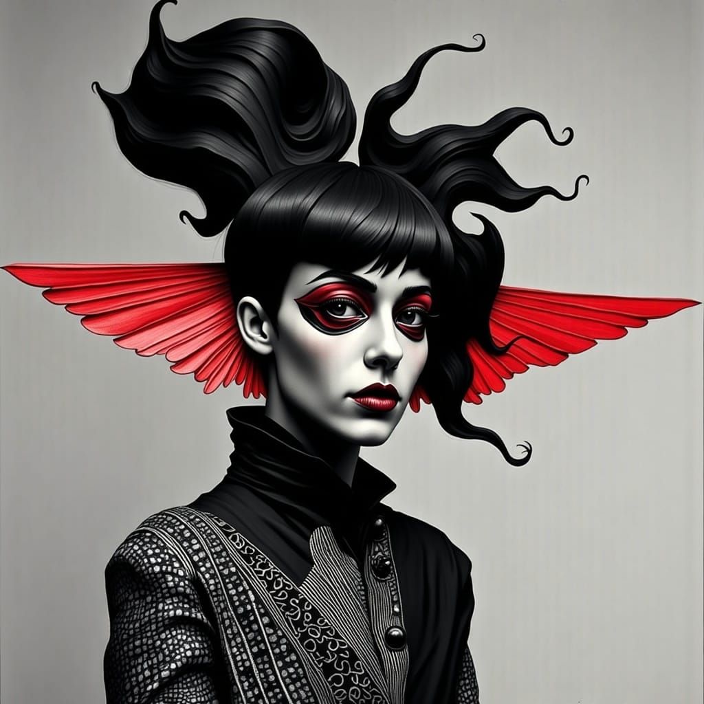 Surrealist Fashion Photography with Geometric Wings in Black...