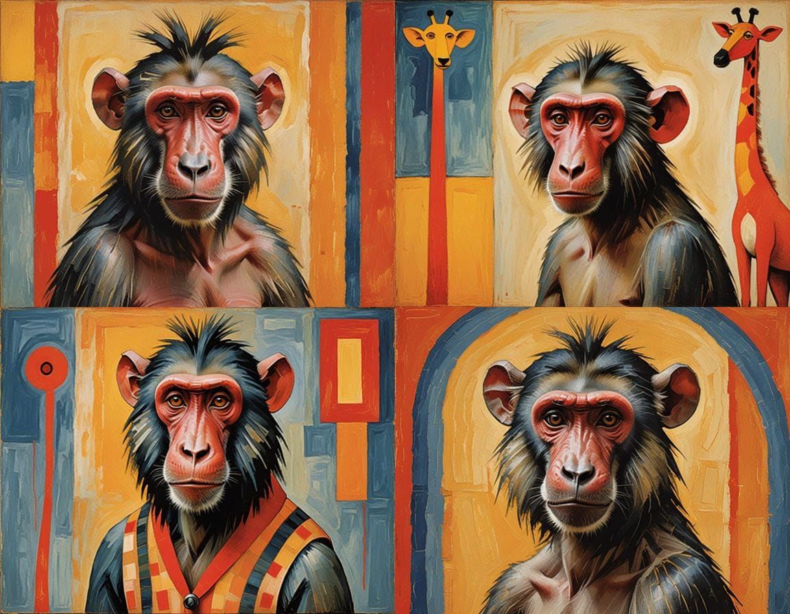 Baboon Impersonating Giraffe, Zebra, Snake