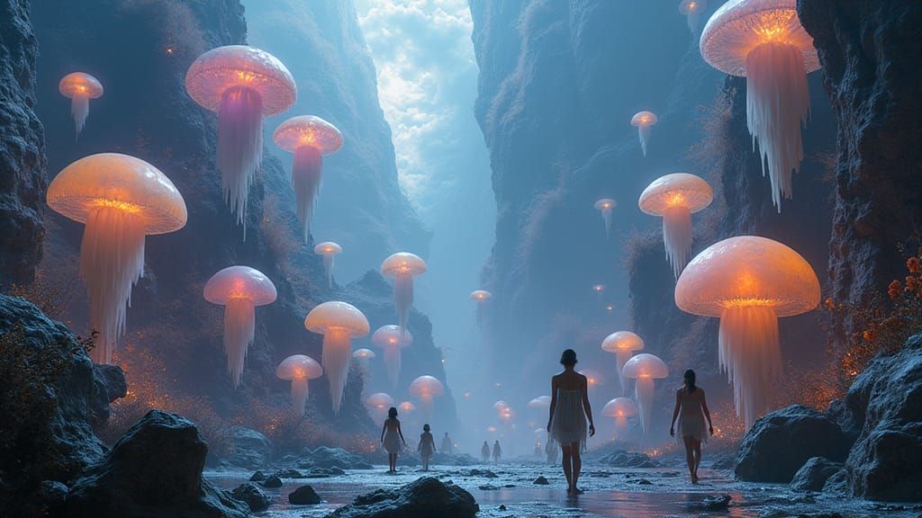 Bioluminescent Floating City in Art Nouveau Style