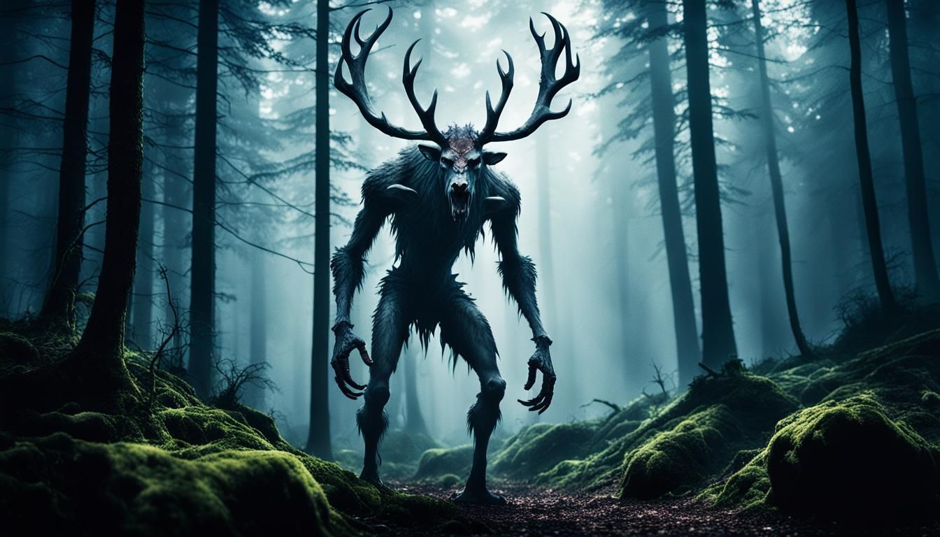 Detailed Wendigo in Dark Misty Forest