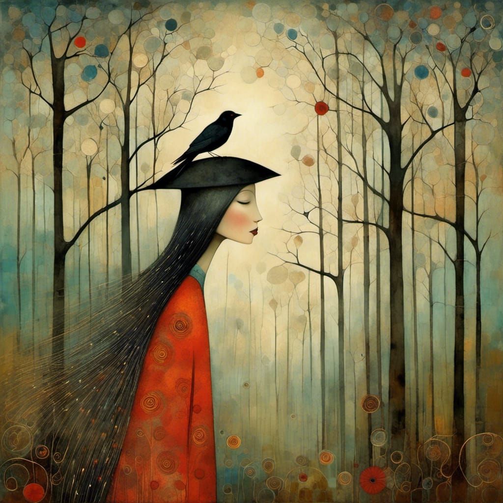 Mystic Woman with Crow in Surreal Forest