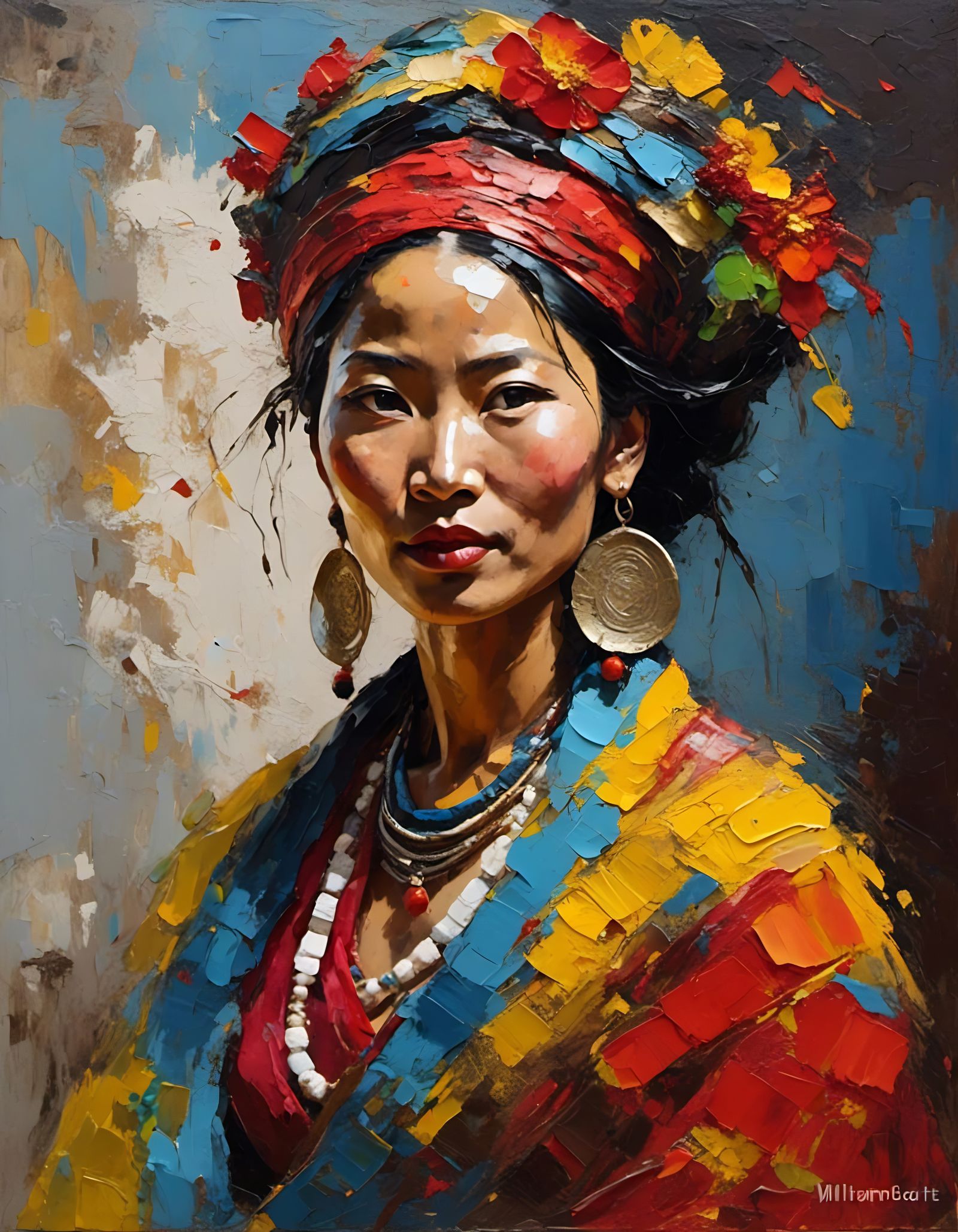 Tibetan Woman: Impasto Portrait in Expressionist Style