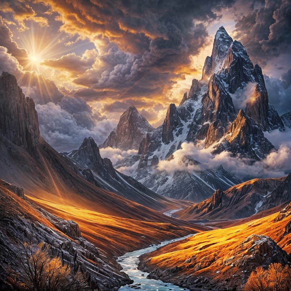 Majestic Mountain Peak Bathed in Dramatic Sunset Light