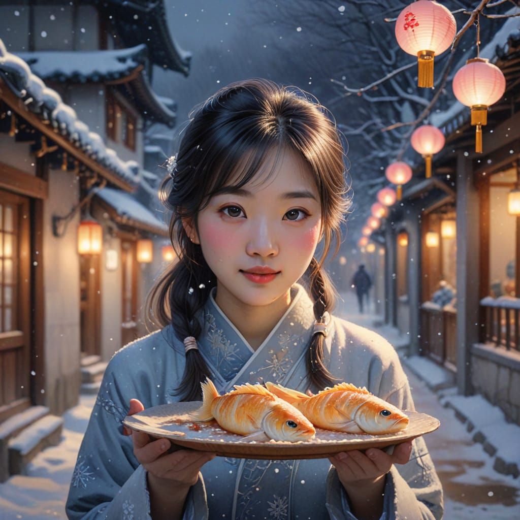 Watercolor Korean Village Scene with Happy Girl Eating Pastr...