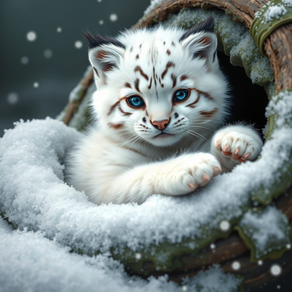 Bobcat Cub in Snowy Log, Delicate Illustration