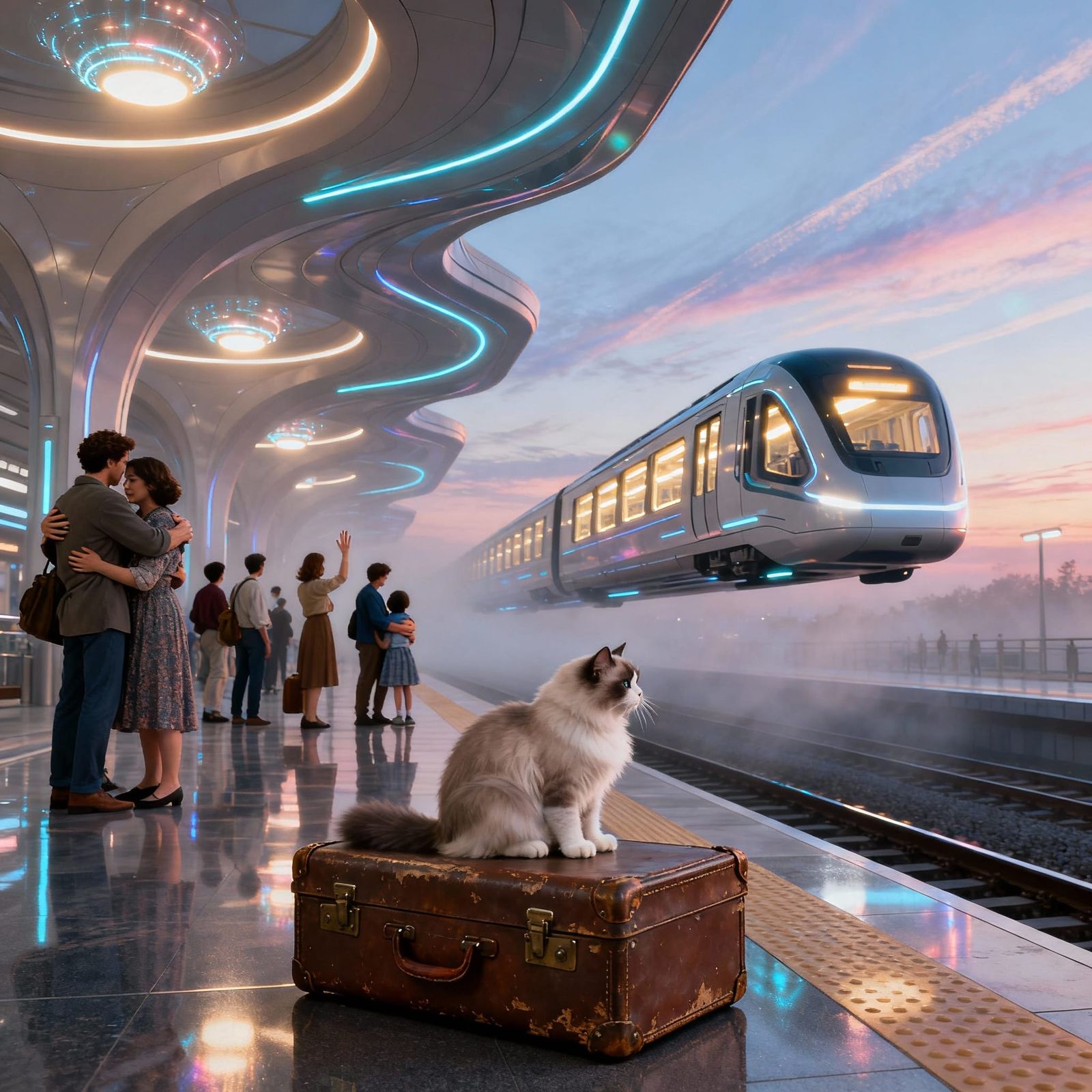 Optimistic Futuristic Train Station at Dusk