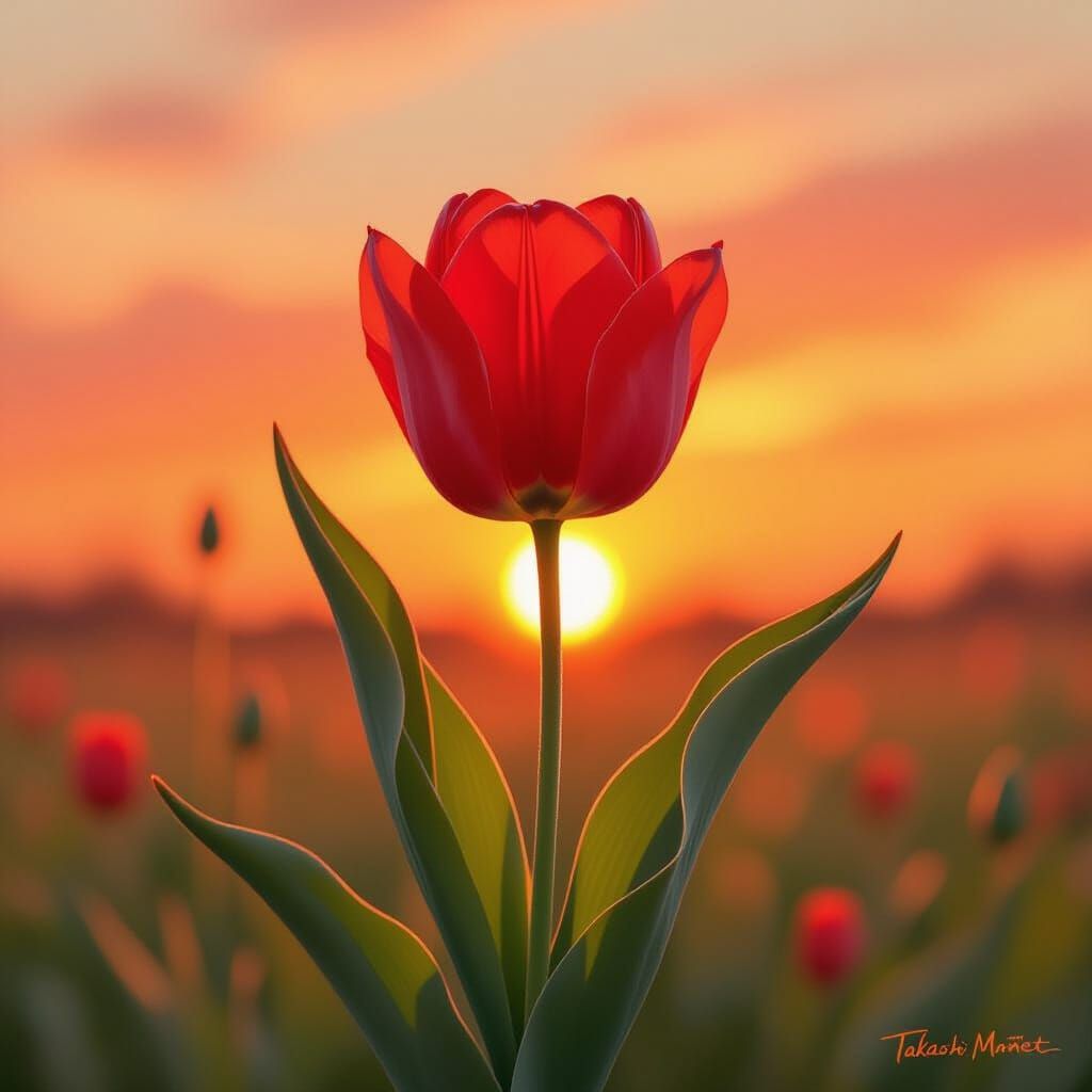 Fire Red Tulip in Sunset, Impressionistic Style