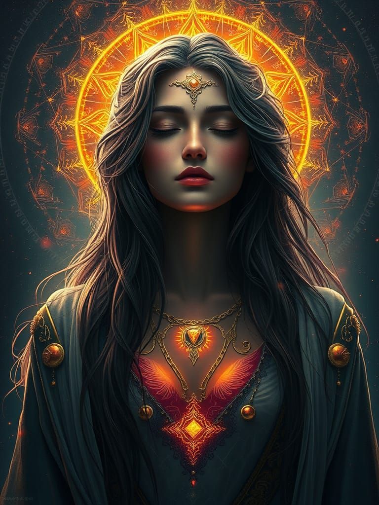 Meditating Goddess Portrait in Sacred Geometry Style