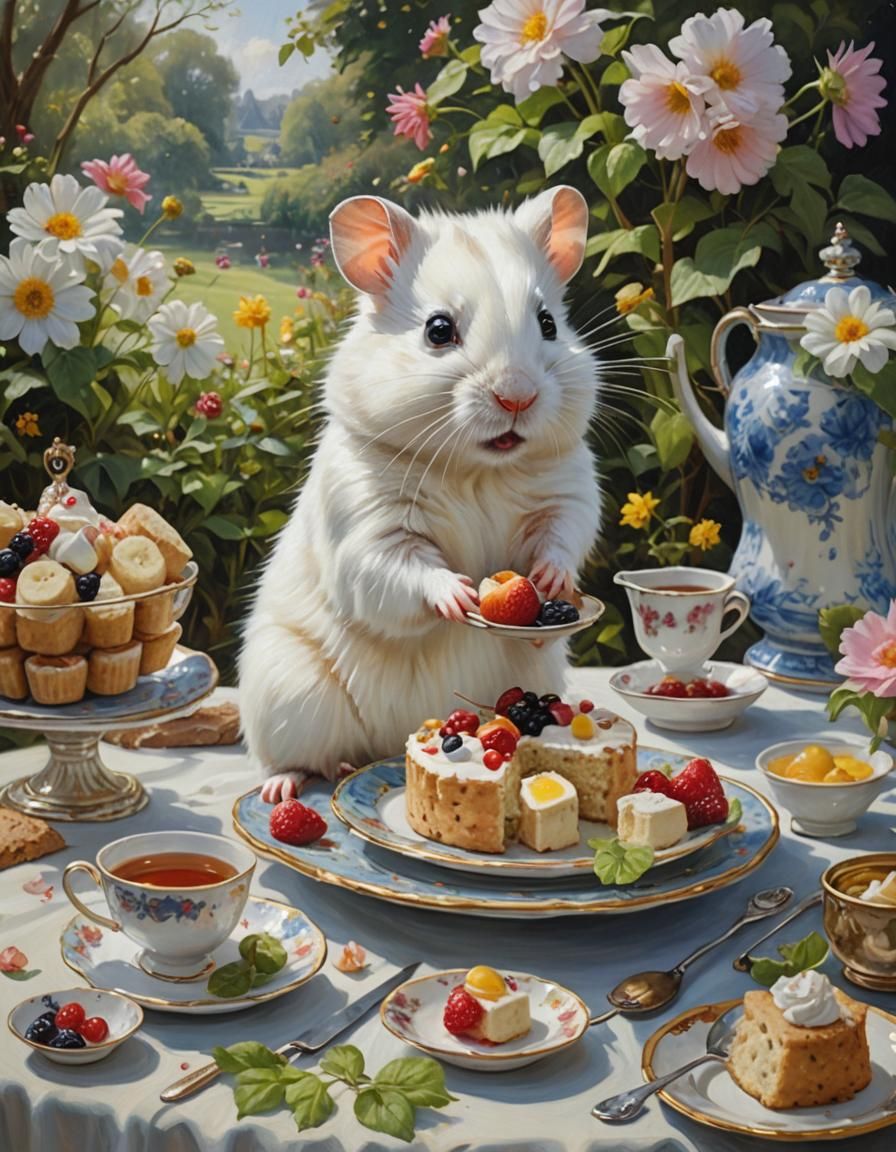 Hamster's Delightful Tea Party: Oil Painting