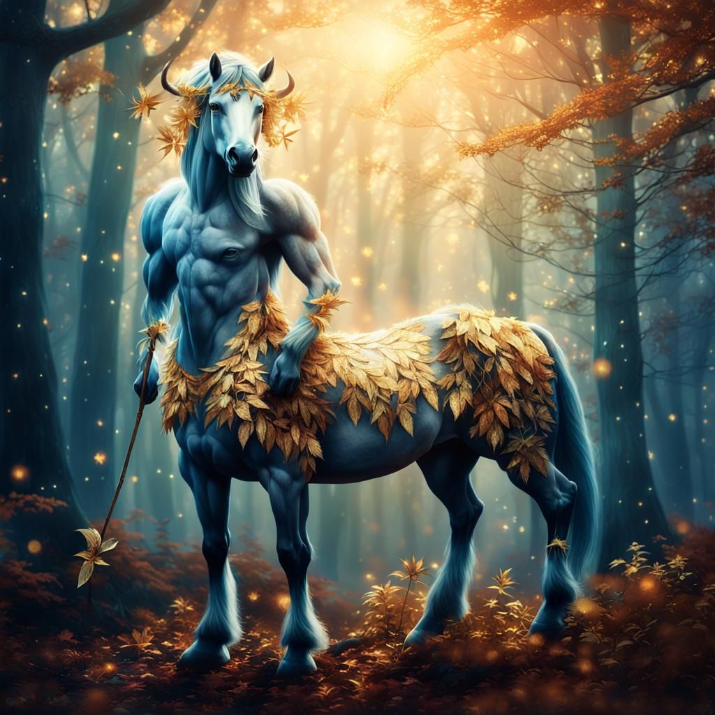 Mystical Golden Centaur Portrait in Forest
