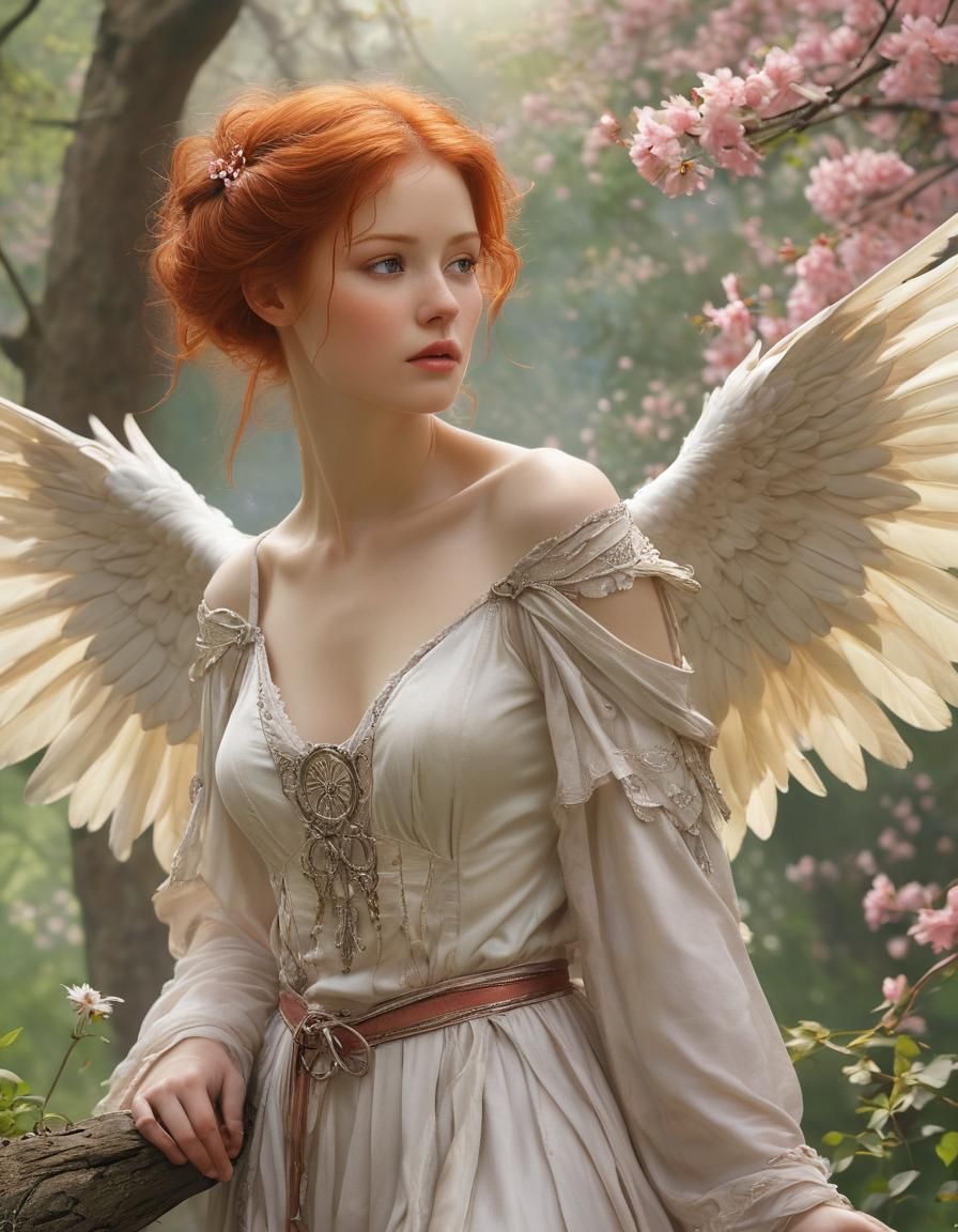 Red-Haired Angel with Wings in Sakura Fairytale Style