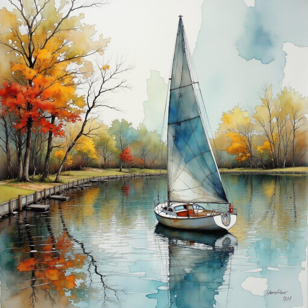 Impressionist Sailboat on Lake with Sparkles