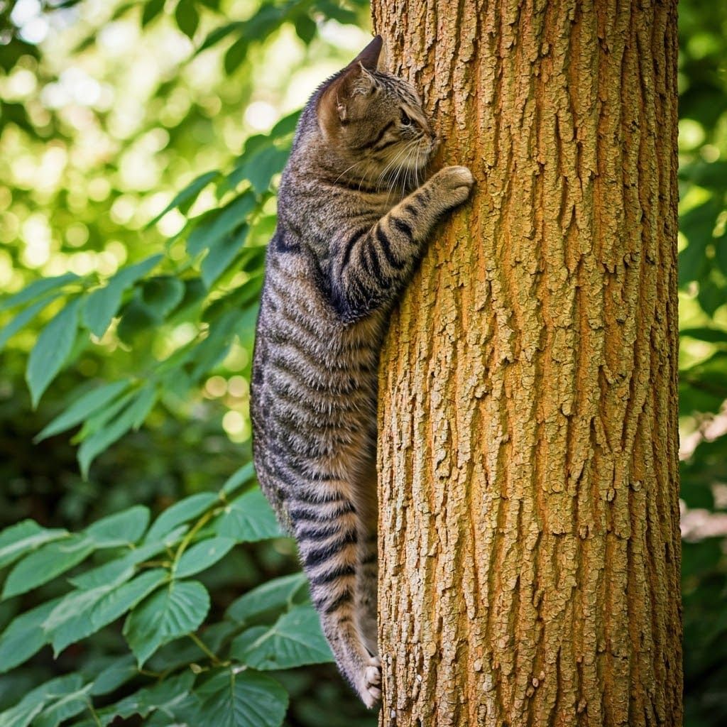 Tabby Cat Climbing Tree, Inspired by Landscape Art