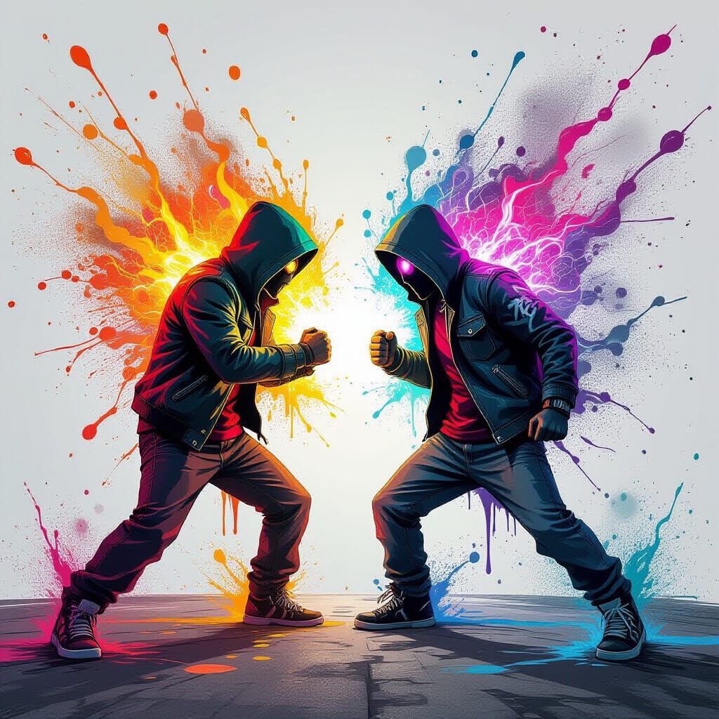 Dynamic Street Art: Figures Clash with Polychromatic Energy